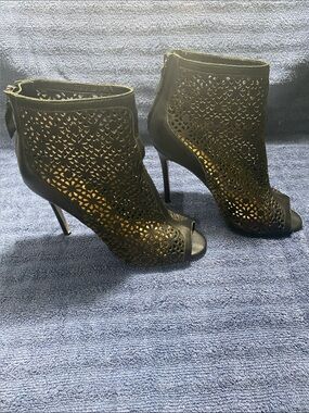 Badgley Mischka “July”Leather Black Laser-Cut Peep-Toe Stiletto Booties